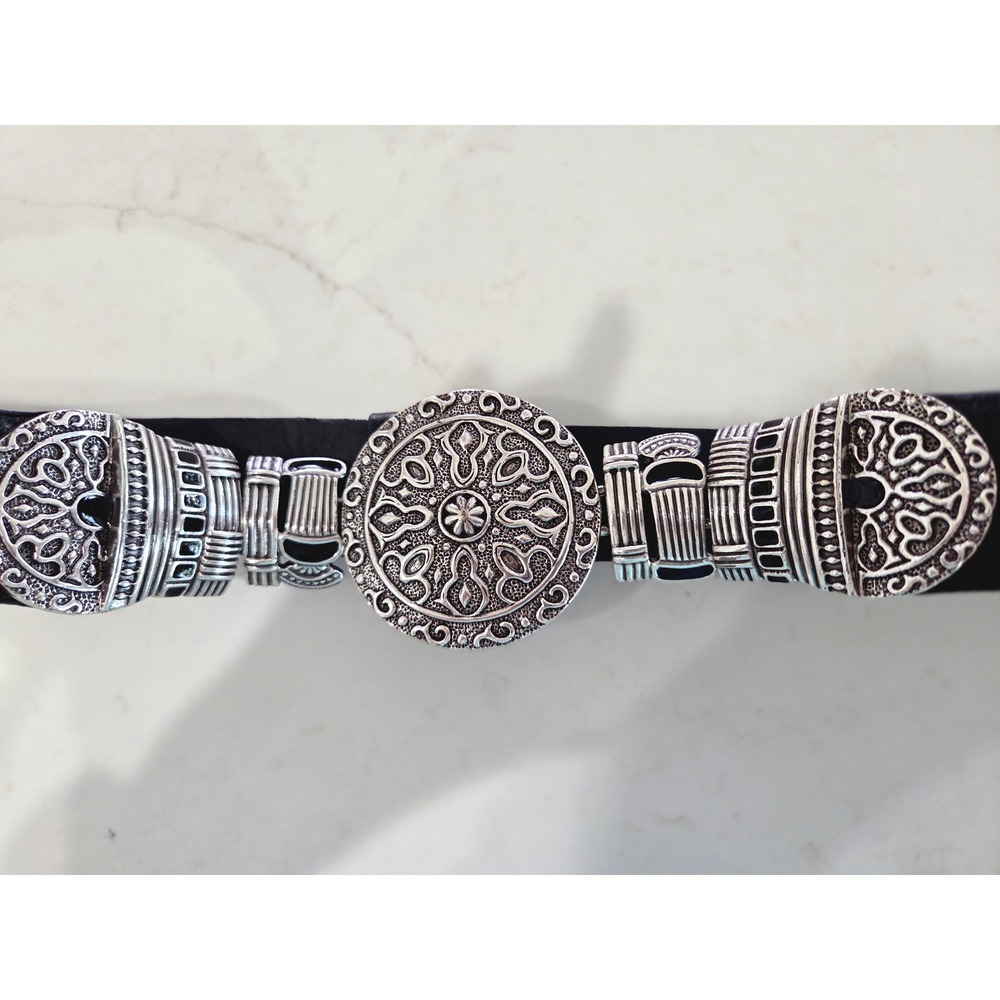 Chico's Leather Belt M/L Black Silver Medallion Buckle Western Boho Ornate